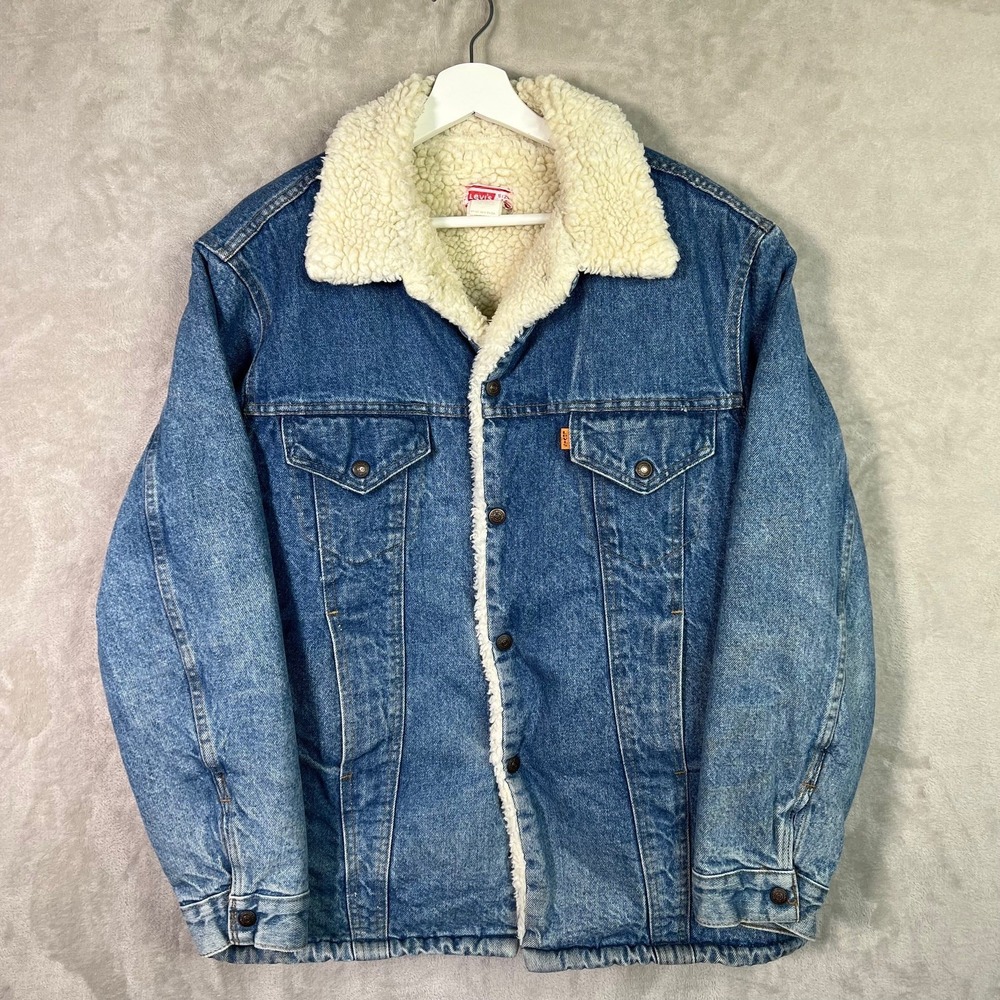 Vtg Levi's Sherpa Denim Jacket Trucker Sz 44 (L?) Blue Jean‎ USA Made Orange Tab